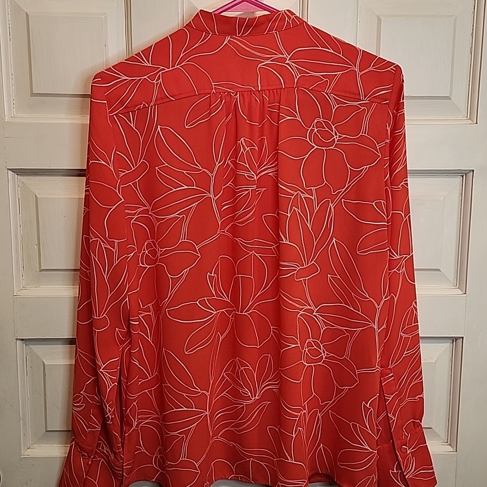 Ann Taylor Coral Red Floral Long-Sleeve Blouse Feminine Graceful Classy Rich - Picture 7 of 8